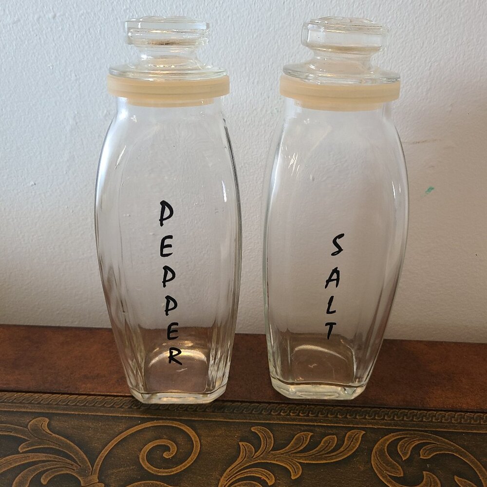 Vintage Rare Pair Of Clear Glass Salt & Pepper Shakers 7" Tall Apothecary